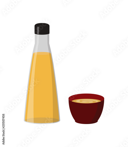 Mustard sauce in bottle and gravy boat, vector illustration