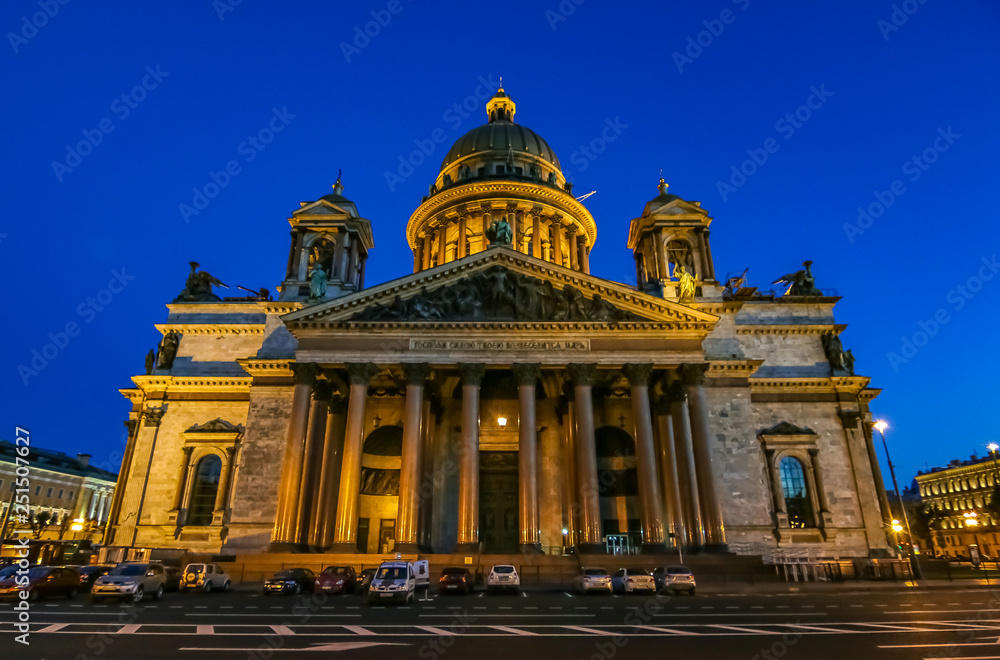 Illuminated facade of Saint Isaac's Cathedral in Saint Petersburg, Russia