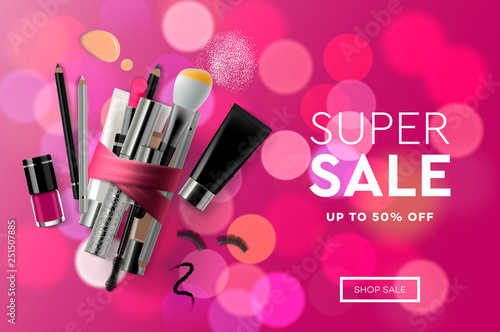 Super Sale cosmetics banner for shopping season, makeup, accessories, equipment, beauty, facial, fashion. Vector illustration.