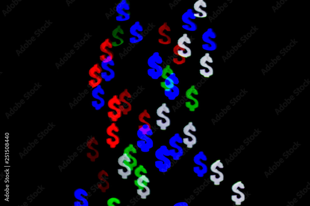 Bokeh in the form of a dollar sign. The concept of wealth and money, trading on the stock exchange and economic growth, rich