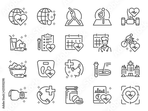 Global healthcare line icon set. Included icons as exercise, health check, healthy food, wellness center, doctor and more.