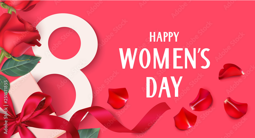 Happy Womens Day. 8 March design template. Decorative gift box with roses. Vector illustration - obrazy, fototapety, plakaty 