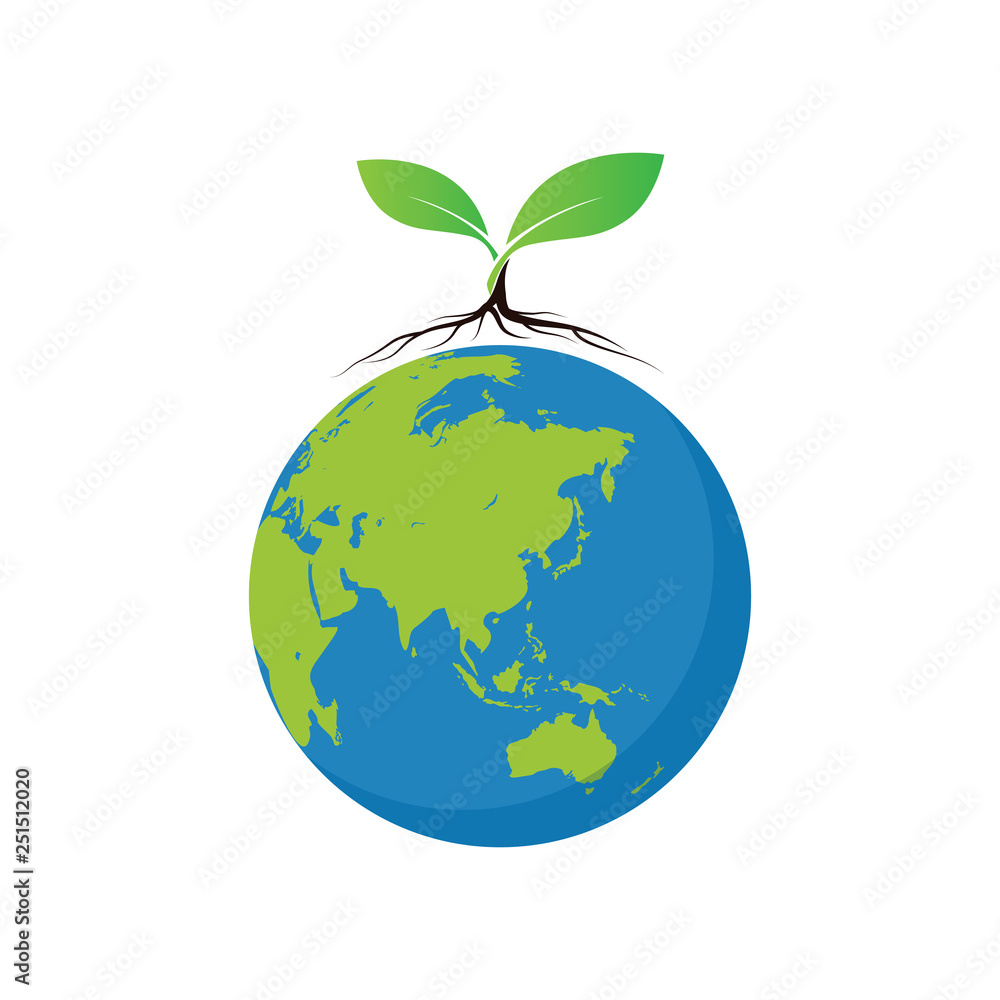 Vector globe icon of the world with growth of the tree