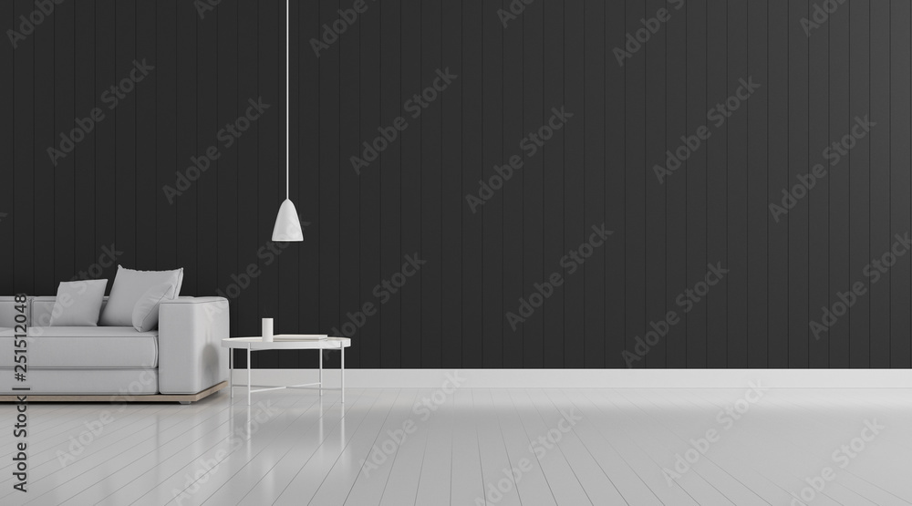 View of living room space with sofa set on black wall and white