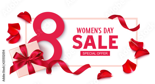 Happy Womens Day. 8 March sale design template. Decorative gift box with roses. Vector illustration