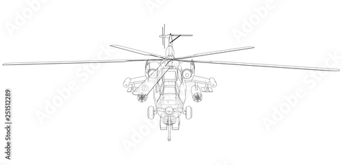 Silhouette of military helicopter. Created illustration of 3d. Vector wire-frame concept.