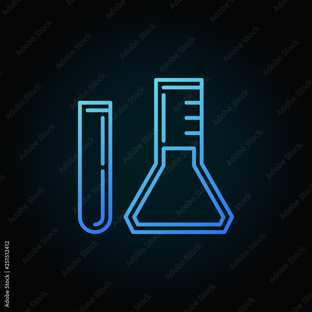 Test Tube and Conical flask vector blue outline icon or logo element on dark background Test Tube and Conical flask vector blue outline icon or logo element on dark background