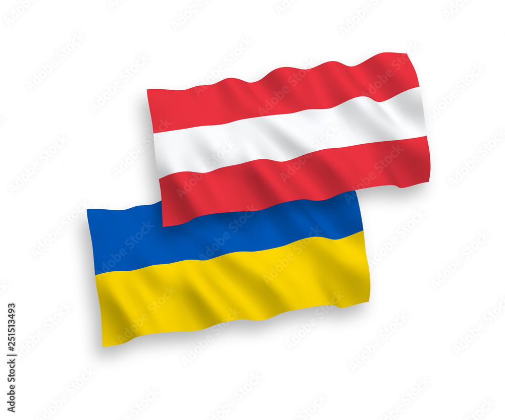 National vector fabric wave flags of Austria and Ukraine isolated on white background. 1 to 2 proportion. National vector fabric wave flags of Austria and Ukraine isolated on white background. 1 to 2 proportion.