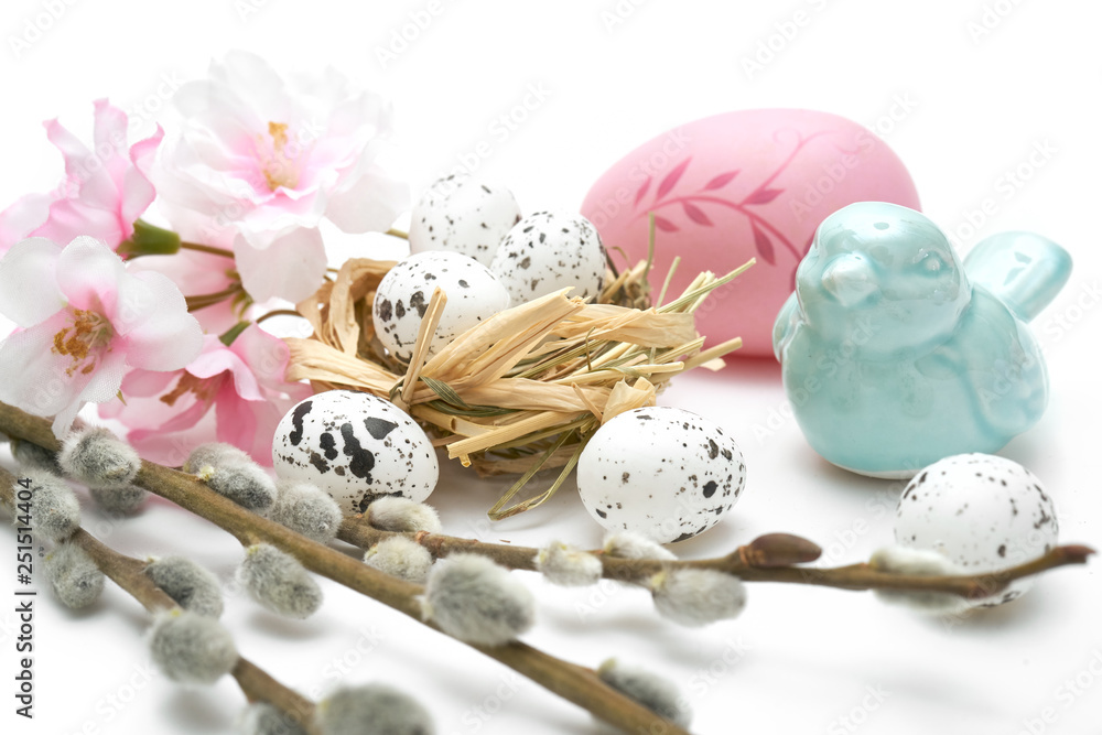 Wielkanoc jajka i ozdoby świąteczne na białym tle - obrazy, fototapety, plakaty 