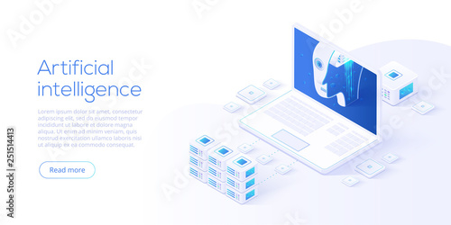 Artificial intelligence or neural network concept in isometric vector illustration. Neuronet or ai technology background with robot head and connections of neurons. Web banner layout template.