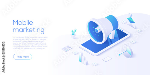 Mobile marketing vector business illustration in isometric design. Online internet promotion concept with smartphone. Website or webpage layout template.