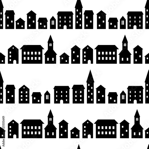 Black and white houses and buildings small town street seamless pattern, vector