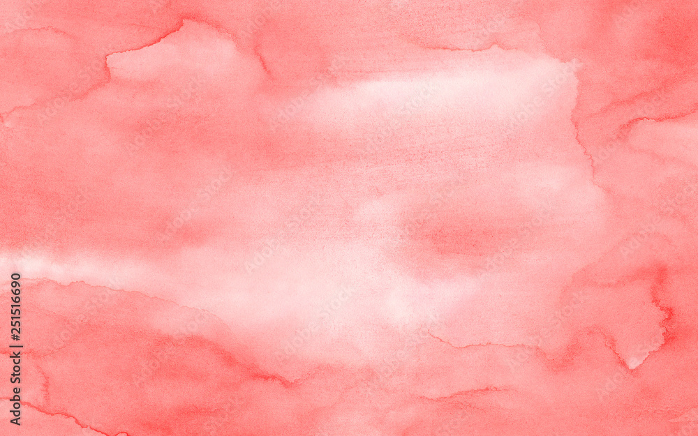 Pastel pink watercolour background painted on white paper texture. Abstract coral shades aquarelle illustration. Watercolor canvas for creative grunge design, vintage cards, retro templates.