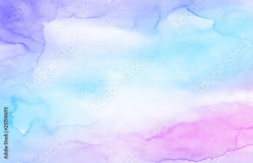 Light smooth pink, purple shades and blue watercolor paper textured illustration for grunge design, vintage card, retro templates. Pastel colors wet effect hand drawn canvas aquarelle background. 