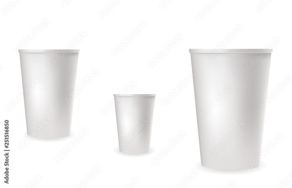 Realistic white plastic cups for cold and hot drinks. Realistic white plastic cups for cold and hot drinks.