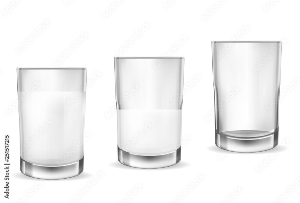 Realistic transparent glasses for milk, full and empty glass. Realistic transparent glasses for milk, full and empty glass.