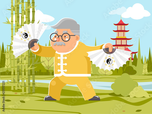 Grandfather fan chinese wushu kungfu taichi fitness china healthy activities adult old age man asian character cartoon nature background flat design vector illustration