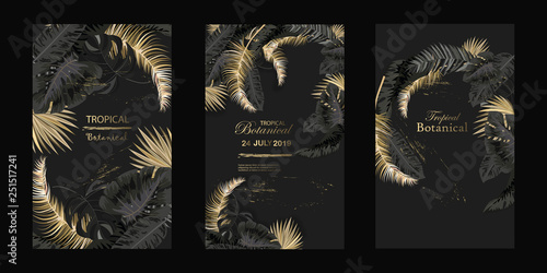 Vector vertical wedding invitation cards set with black and gold tropical leaves on dark background. Luxury exotic botanical design for wedding ceremony. Can be used for cosmetics