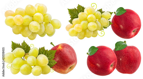 Fresh grapes and red apples isolated on white background with clipping pass