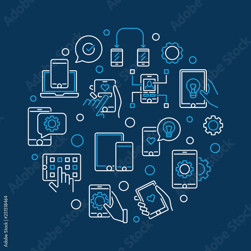 Apps and Mobile app development vector round creative illustration in thin line style