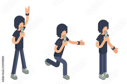 Popular modern singer performer soloist isometric 3d icon sing song microphone hard rock heavy folk pop music flat design vector illustration
