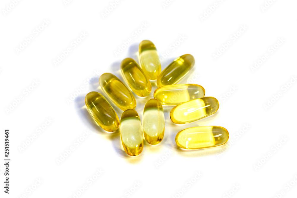 Orange omega 3 fish oil capsules isolated on white background Orange omega 3 fish oil capsules isolated on white background