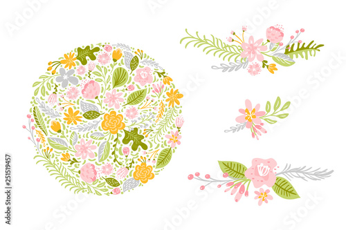 Set of Flower Vectors in pastel colors. Isolated floral flat illustration on white background. Spring scandinavian hand drawn nature wedding design