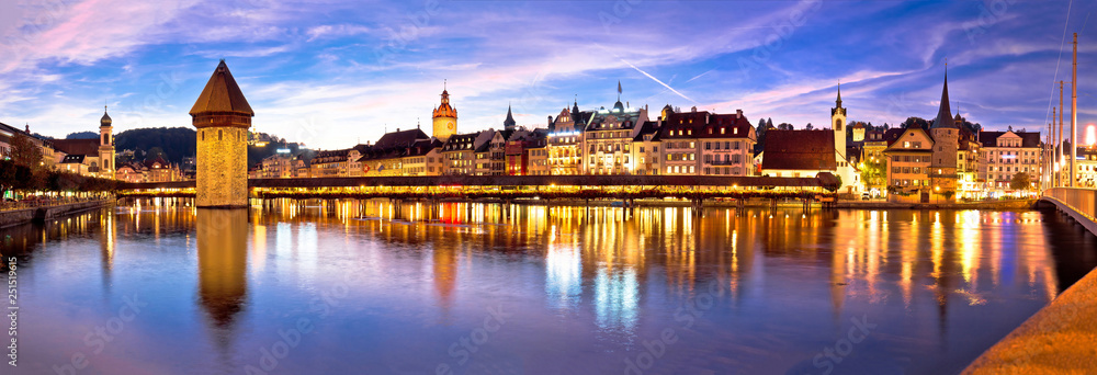 Fototapeta premium Luzern Kapelbrucke and riverfront architecture famous Swiss landmarks panoramic view