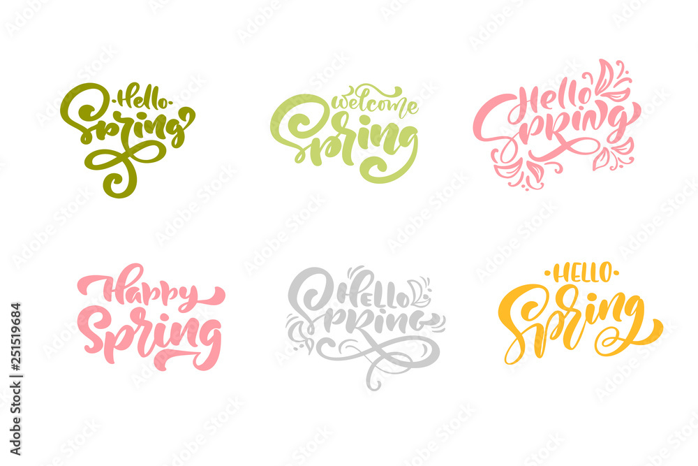 Set of six hello Spring Pastel Calligraphy lettering phrases. Vector Hand Drawn Isolated text. Sketch doodle design for greeting card, scrapbook, print Set of six hello Spring Pastel Calligraphy lettering phrases. Vector Hand Drawn Isolated text. Sketch doodle design for greeting card, scrapbook, print