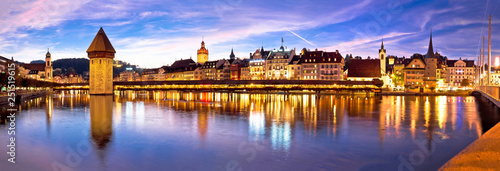 Luzern Kapelbrucke and riverfront architecture famous Swiss landmarks panoramic view