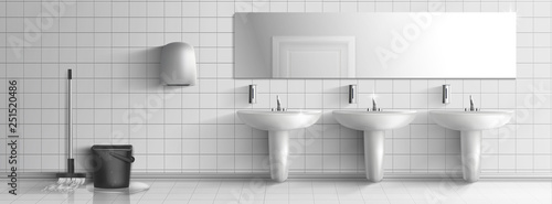Washed and clean public toilet interior 3d realistic vector. Mop and bucket, row of ceramic sinks with metallic faucets, soap dispensers, hand dryer and long mirror on white tilled wall illustration