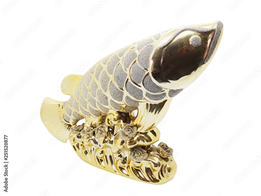 Beautiful Rich of Gold Fish Statue Model in White Isolated Background