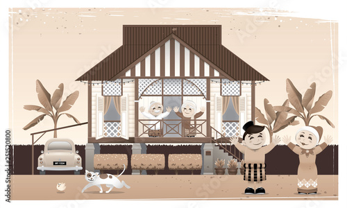 A happy Muslim family and their home town in rural area. Artwork presented with nostalgia effect. Vector.