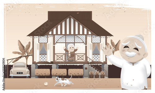A happy Muslim family and their home town in rural area. Artwork presented with nostalgia effect. Vector.