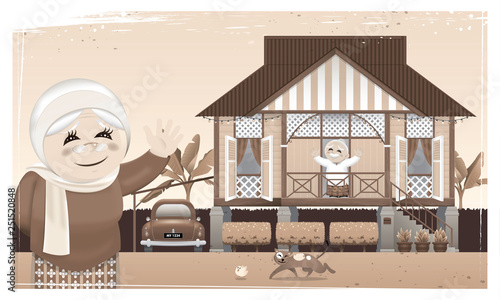 A happy Muslim family and their home town in rural area. Artwork presented with nostalgia effect. Vector.
