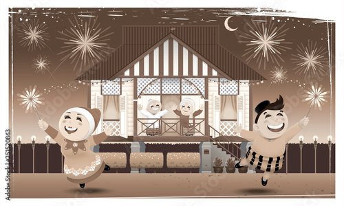 A happy Muslim family and their home town in rural area. Artwork presented with nostalgia effect. Vector.