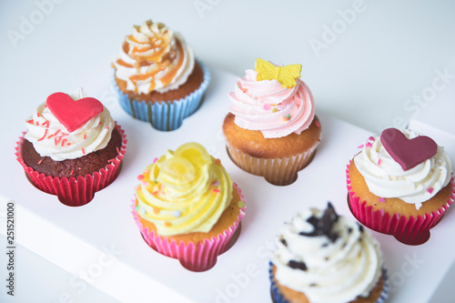 decorated cupcakes with strawberry, vanilla, caramel and chocolate frosting