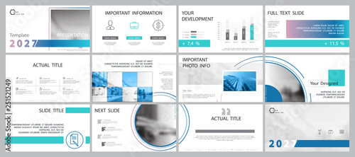 Template for business presentations. Design with blue, green elements on a white background. Multipurpose slide, Infographic, cover postcard, report, advertisement, text, brochure, marketing, banner photo