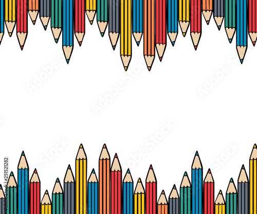 School background with color pencils and paper. Vector illustration