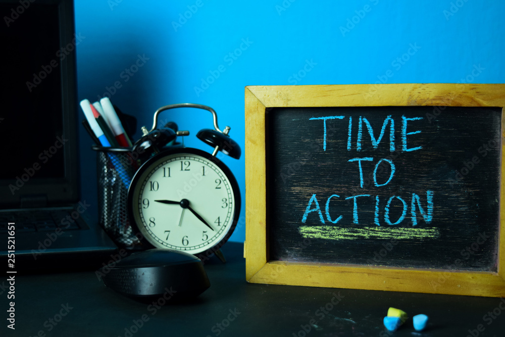 Time to Action Planning on Background of Working Table with Office Supplies. Business Concept Planning on Blue Background Time to Action Planning on Background of Working Table with Office Supplies. Business Concept Planning on Blue Background