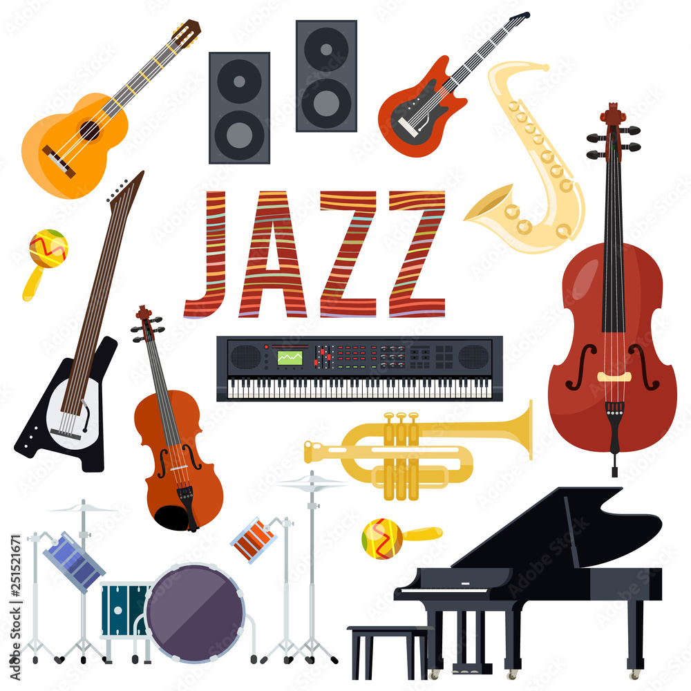 Obraz premium Classical jazz performance musical instruments isolated set flat design vector illustration