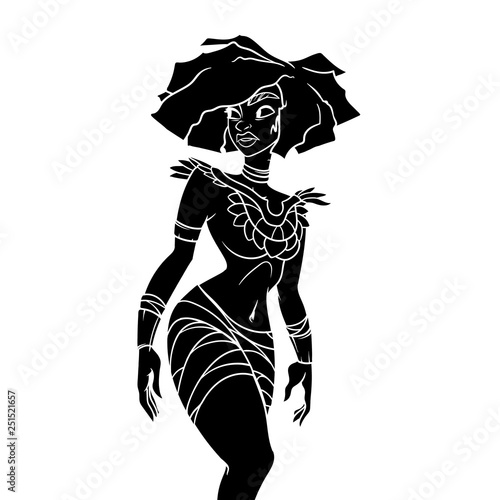 Black filled outline of an ancient woman in native clothes