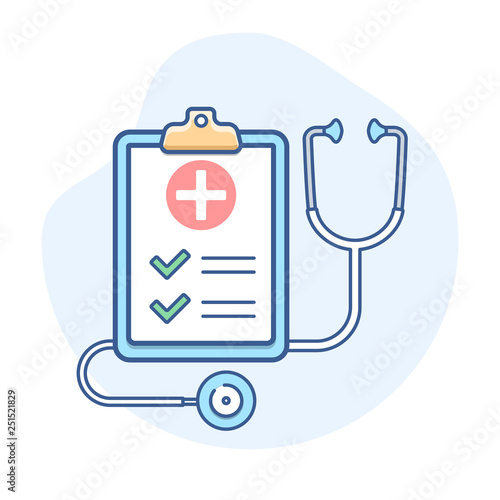 Medical insurance with stethoscope line icon. Insurance policy outline illustration.