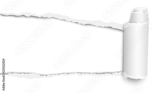Oblong torn hole from left to right in white sheet of paper with shadow and paper curl. Vector template paper design.