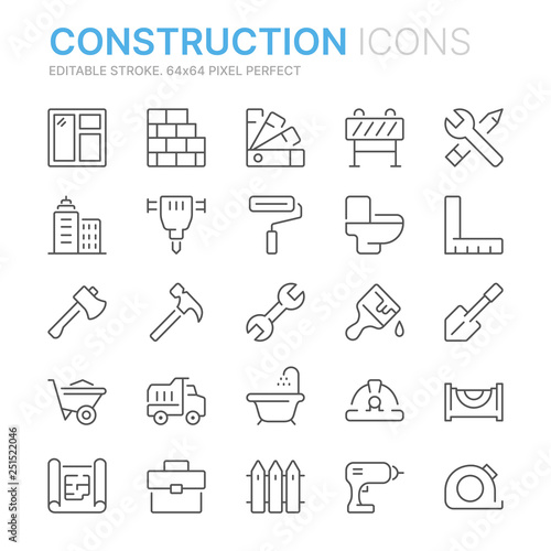 Collection of construction related related line icons. 64x64 Pixel Perfect. Editable stroke