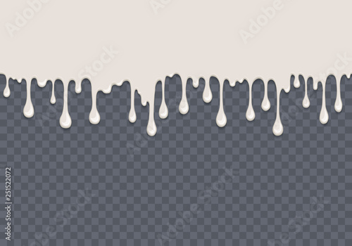 White dripping slime seamless pattern. Milk background with copy space. Kids sensory toy vector illustration. Realistic liquid sour cream isolated element. Flowing white fluid. Paint drops and blots.