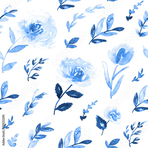 Ditsy floral print in shades of pastel blue, indigo and white. All over watercolor pattern.