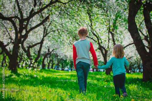 little boy and girl wak in spring nature, kids enjoy apple blossom