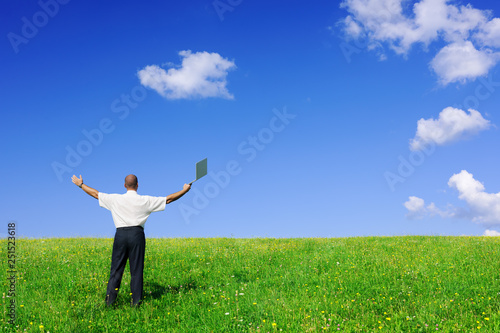 Businessman standing on green field