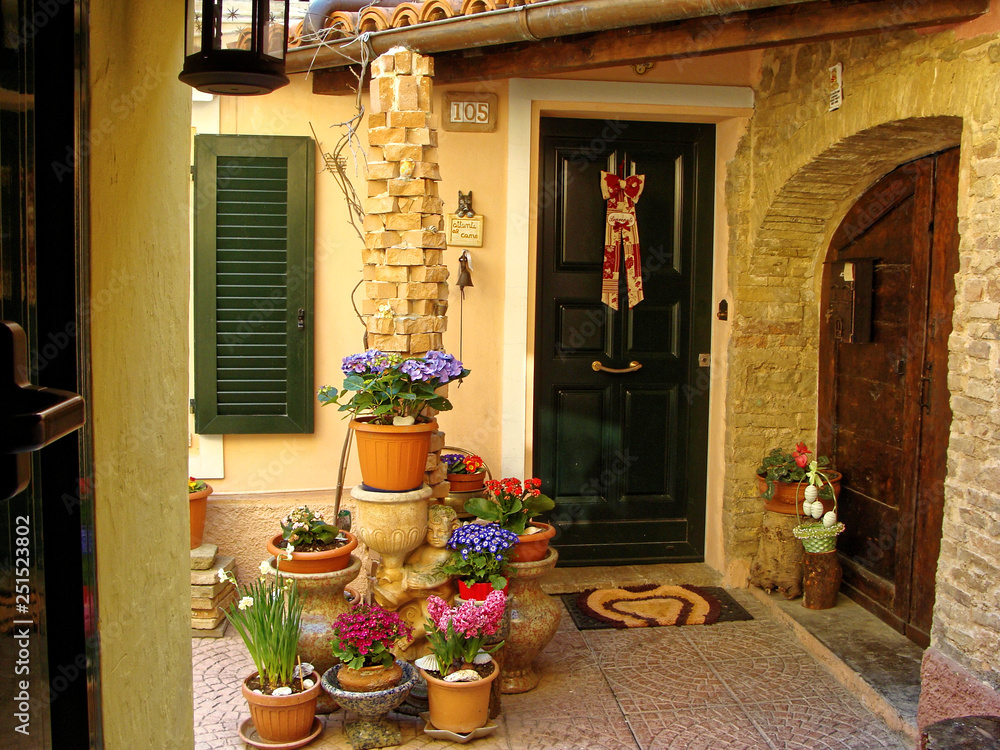 Home various flowers in pots. Design Italian courtyards